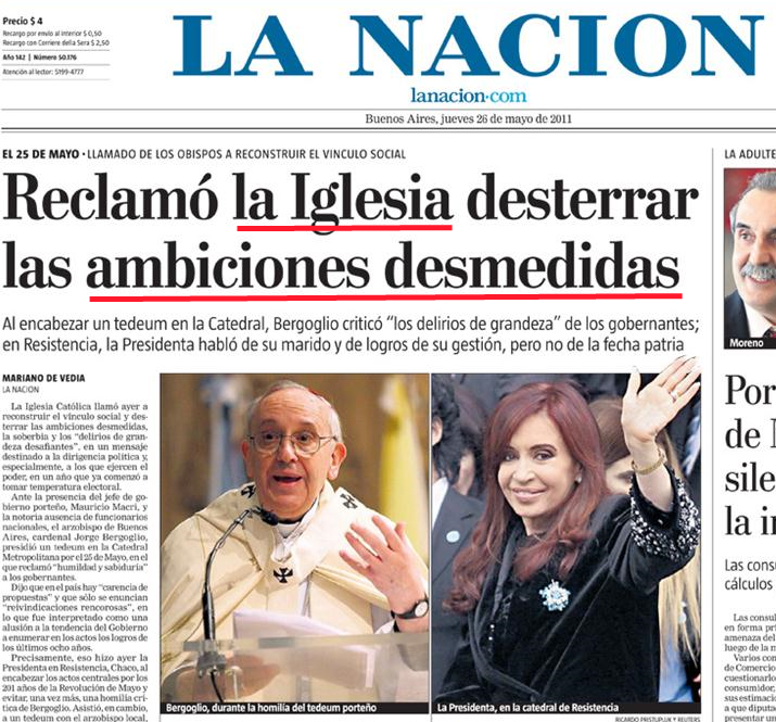 Nótese como La Nación titula "La Iglesia" como si solo la opinión de Bergoglio tuviera peso, y oculta los dichos del Arzobispo del Chaco.